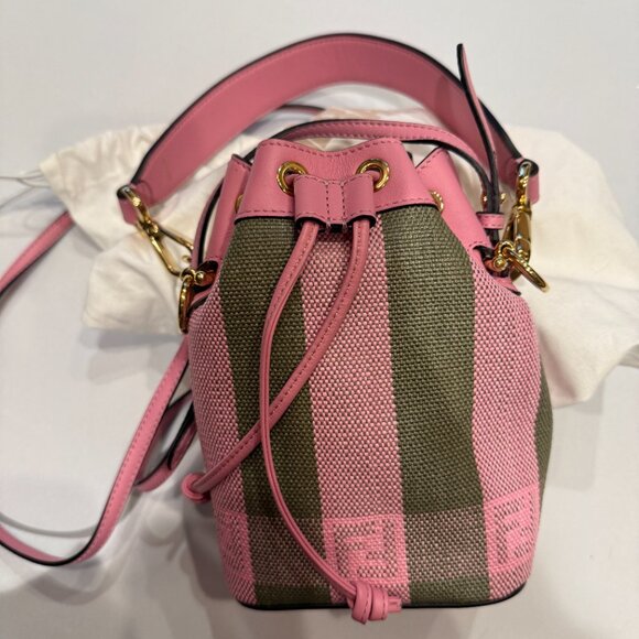 Fendi Mini Mon Tresor Bucket Bag Pequin Raffia w/ Dustbag - Green / Pink - Picture 2 of 10